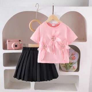 hot ستايل جديد cute بنت بدلة flower قصير-sleeved t-shirt بليسيه جيب 2-piece طقم for ربيع خريف ستايل غربي 4-7t for children