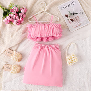 hot صيف chic children's clothing طقم for بنات aged includes suspenders irregular design جيب