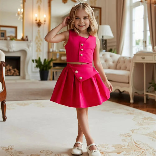 أطفال two-piece party بدلة fashionable stylish outfit solid color بدون أكمام button فيست بليسيه جيب بنات clothing طقم