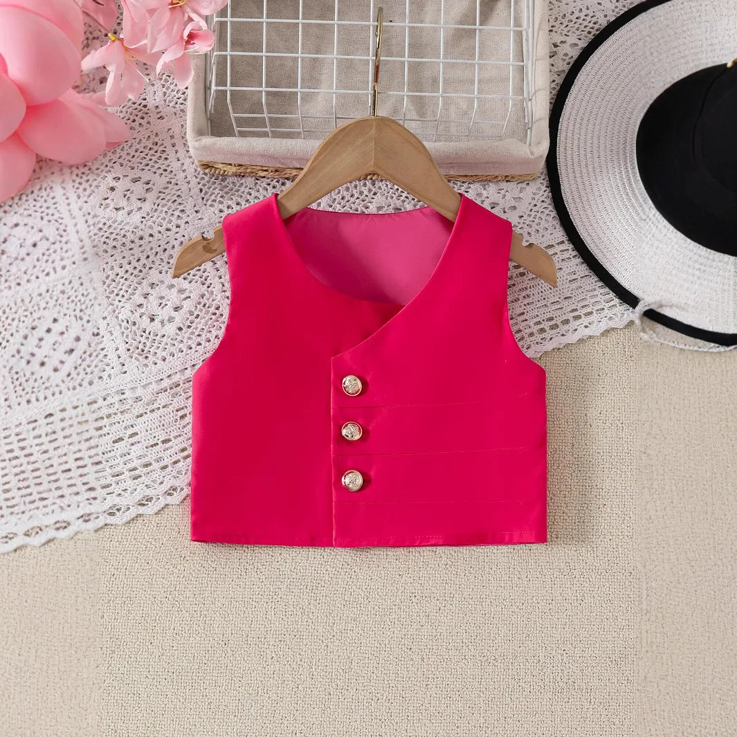 أطفال two-piece party بدلة fashionable stylish outfit solid color بدون أكمام button فيست بليسيه جيب بنات clothing طقم