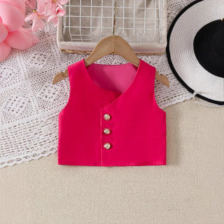 أطفال two-piece party بدلة fashionable stylish outfit solid color بدون أكمام button فيست بليسيه جيب بنات clothing طقم