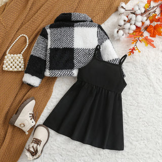korean fashion جديد خريف and شتاء بنات طقم قطعتين كاجوال solid pattern baby بدلة coat mao mao condole فستان