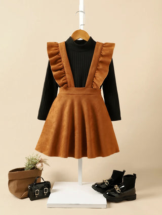 korean ستايل خريف and شتاء children clothing knitted bottoming shirt suede overalls جيب waist bag بنات three-piece بدلة