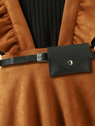 korean ستايل خريف and شتاء children clothing knitted bottoming shirt suede overalls جيب waist bag بنات three-piece بدلة