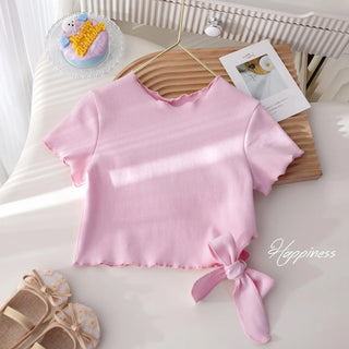 korean ستايل cute بنت بدلة صيف floral lace bow أكمام قصيرة t-shirt with floral lace pants جيب طقم قطعتين