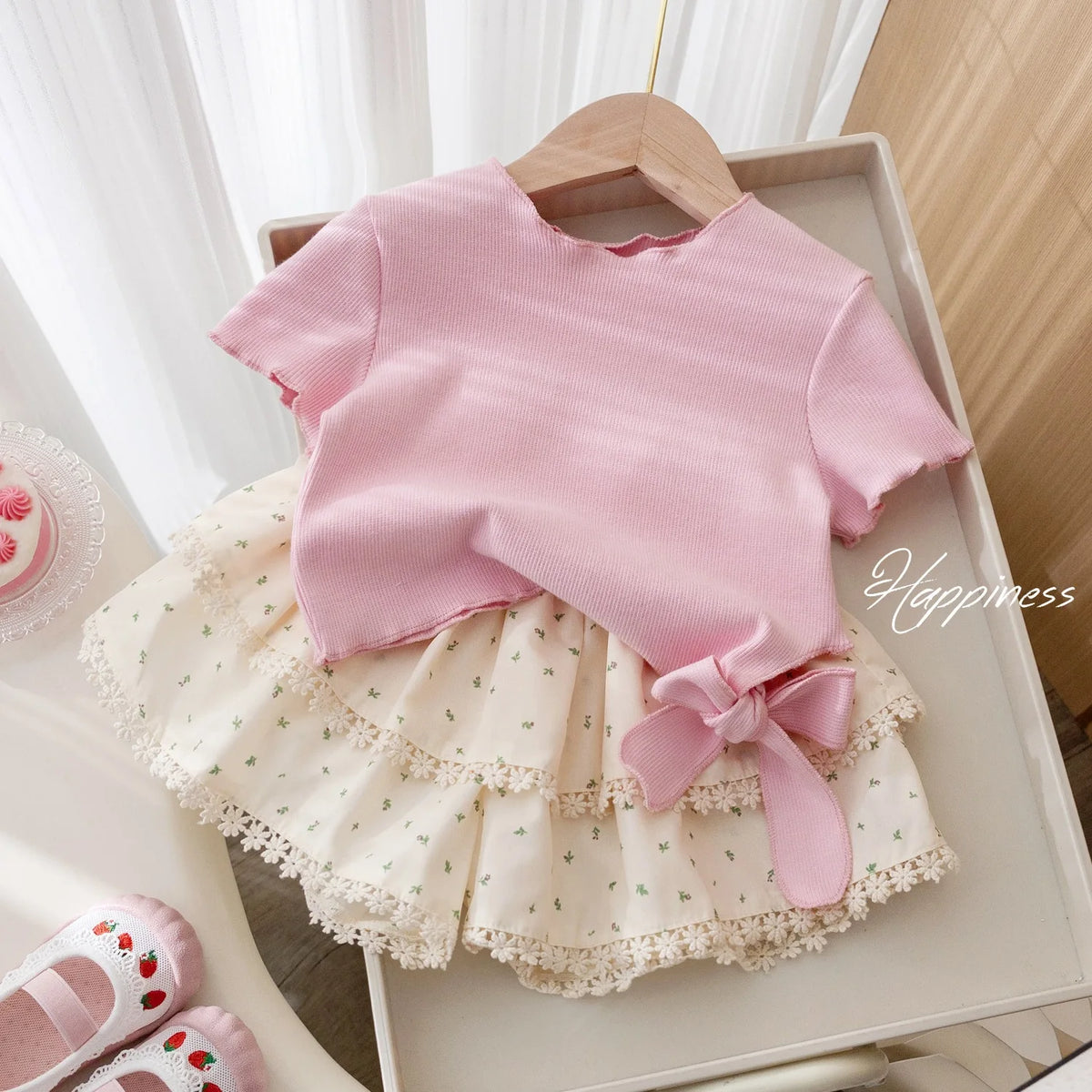 korean ستايل cute بنت بدلة صيف floral lace bow أكمام قصيرة t-shirt with floral lace pants جيب طقم قطعتين