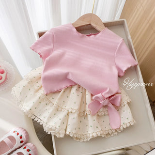 korean ستايل cute بنت بدلة صيف floral lace bow أكمام قصيرة t-shirt with floral lace pants جيب طقم قطعتين