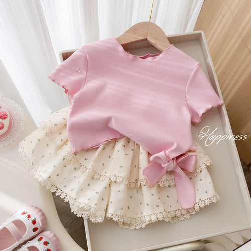 korean ستايل cute بنت بدلة صيف floral lace bow أكمام قصيرة t-shirt with floral lace pants جيب طقم قطعتين