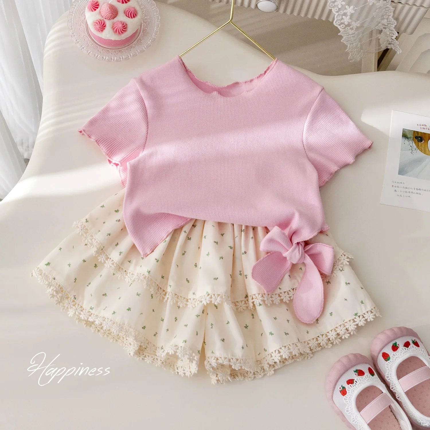 korean ستايل cute بنت بدلة صيف floral lace bow أكمام قصيرة t-shirt with floral lace pants جيب طقم قطعتين