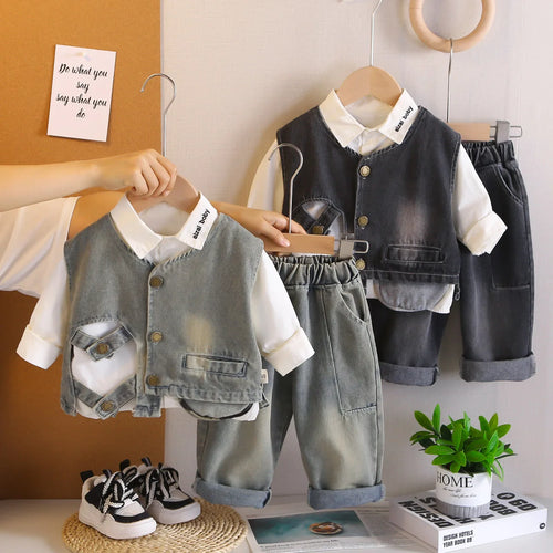 little ولد دينم فيست three piece طقم موضة 2025 ربيع وخريف جديد ستايل أولاد' stylish خريف clothes wholesale baby clothes
