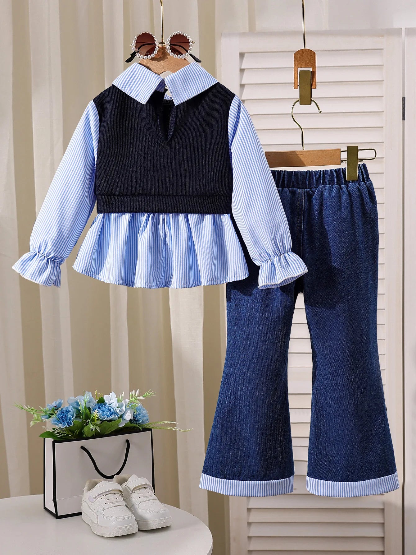 جديد خريف جديد بنات flip-collar shirt stitching توب with دينم bell pants two-piece