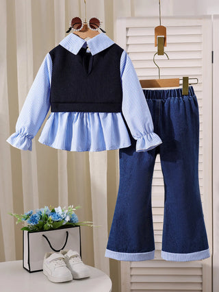 جديد خريف جديد بنات flip-collar shirt stitching توب with دينم bell pants two-piece