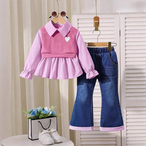 جديد خريف جديد بنات flip-collar shirt stitching توب with دينم bell pants two-piece
