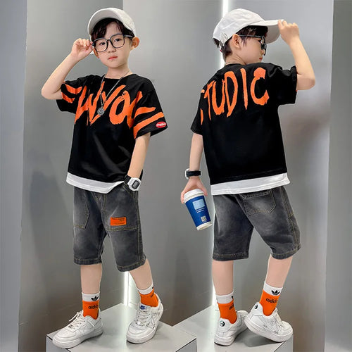 جديد cuhk أولاد two-piece بدلة korean version كاجوال cotton pants & أكمام قصيرة t-shirt trendy print design