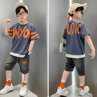 جديد cuhk أولاد two-piece بدلة korean version كاجوال cotton pants & أكمام قصيرة t-shirt trendy print design