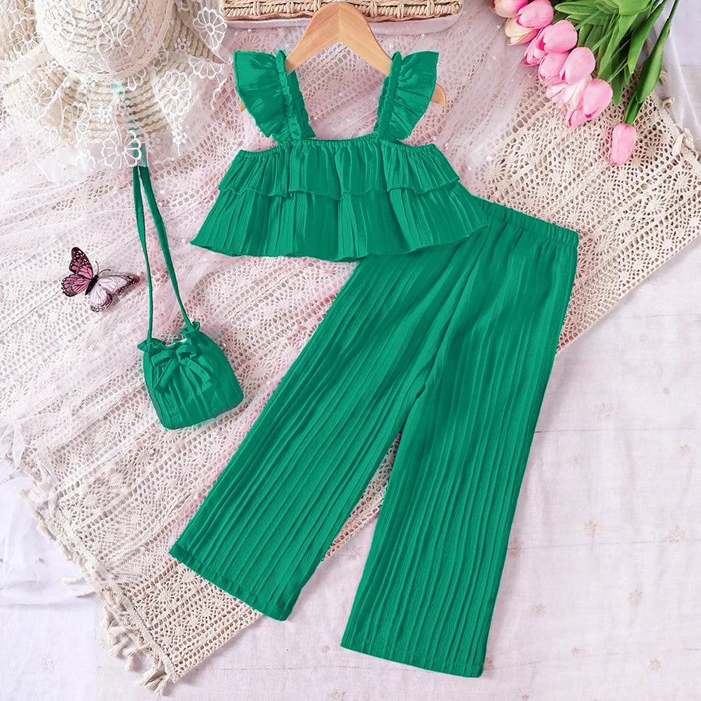 \جديد كاجوال print بنات' صيف lotus leaf كم sling pants بدلة for children's fashion\""