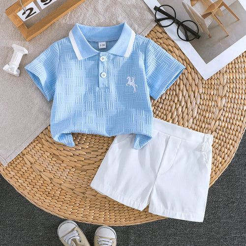جديد children's كاجوال cartoon embroidered أكمام قصيرةd shirt and simple white shorts gentleman طقم قطعتين