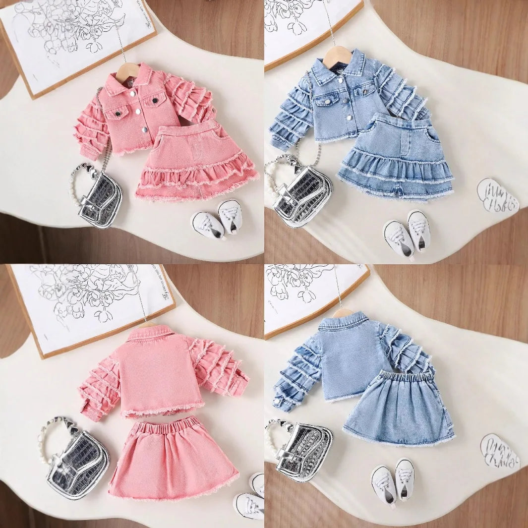 جديد fashion 2pcs بنات clothing طقم أكمام طويلة دينم jacket coat with layered قصير جيب outfits