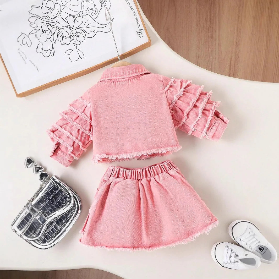 جديد fashion 2pcs بنات clothing طقم أكمام طويلة دينم jacket coat with layered قصير جيب outfits