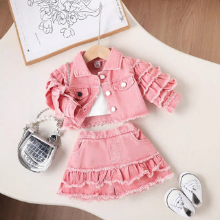 جديد fashion 2pcs بنات clothing طقم أكمام طويلة دينم jacket coat with layered قصير جيب outfits