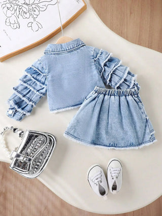 جديد fashion 2pcs بنات clothing طقم أكمام طويلة دينم jacket coat with layered قصير جيب outfits