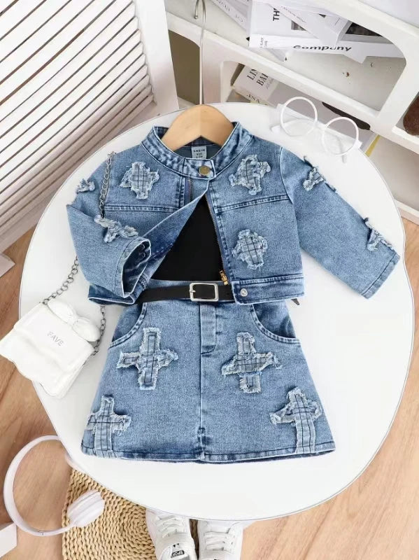 جديد fashion 3pcs بنات clothing طقم أكمام طويلة دينم jacket coat with قصير جيب outfits