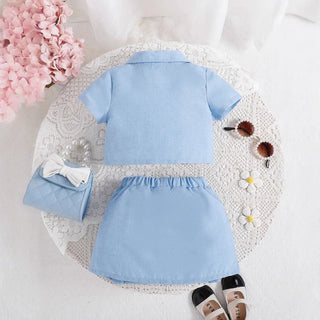 جديد fashion صيف أطفال clothing solid color trendy بدلة أكمام قصيرة توب بليسيه جيب طقم بنات clothing sets