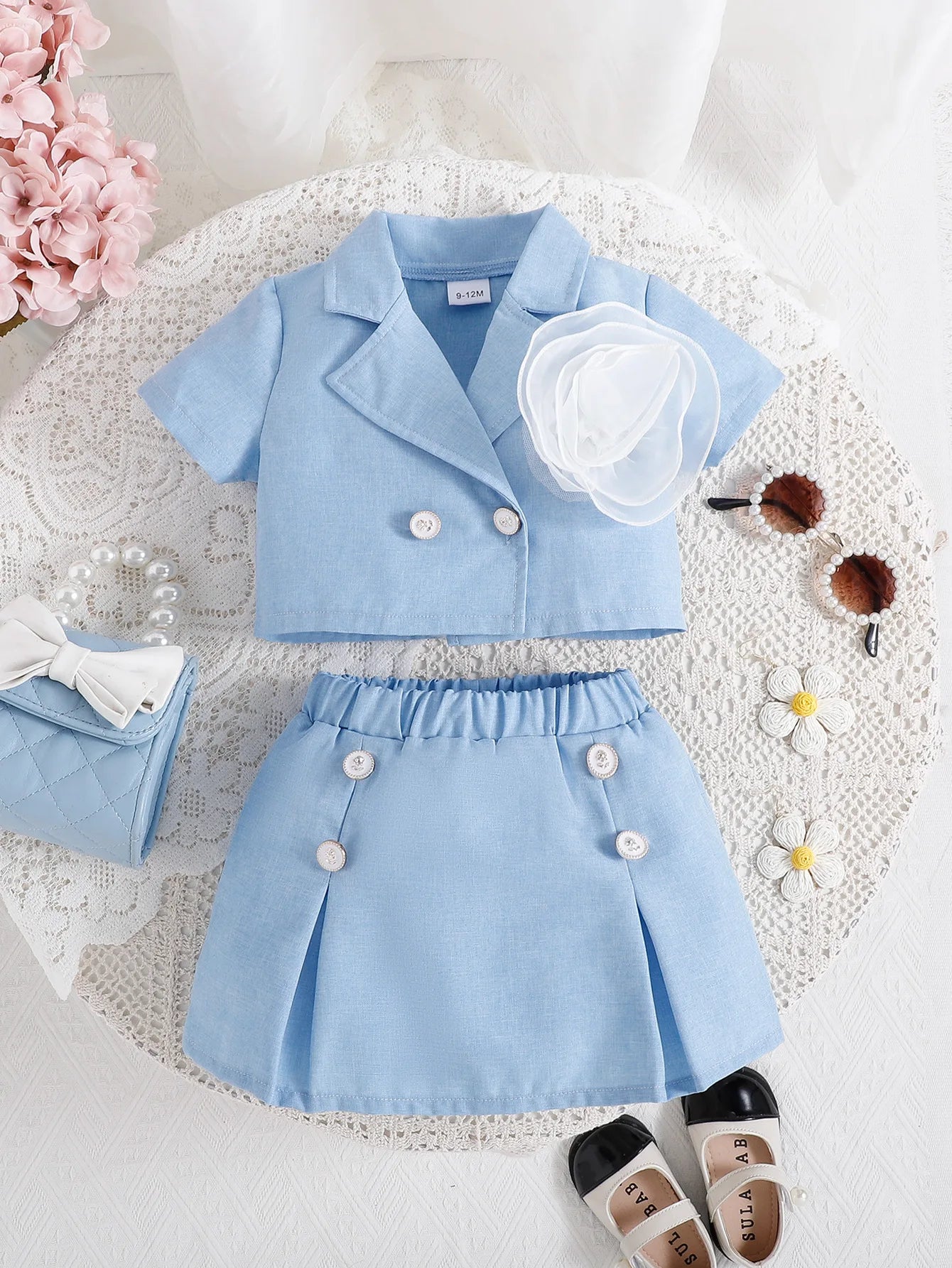 جديد fashion صيف أطفال clothing solid color trendy بدلة أكمام قصيرة توب بليسيه جيب طقم بنات clothing sets