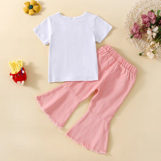 جديد بنات' كاجوال صيف fashion طقم white cotton توب with أكمام قصيرةs & دينم bell pants featuring printed letters children