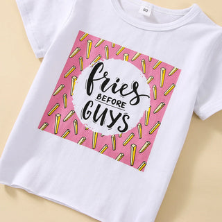 جديد بنات' كاجوال صيف fashion طقم white cotton توب with أكمام قصيرةs & دينم bell pants featuring printed letters children