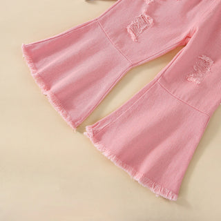 جديد بنات' كاجوال صيف fashion طقم white cotton توب with أكمام قصيرةs & دينم bell pants featuring printed letters children