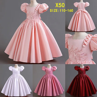 جديد بنات' فستان with bubble أكمام and satin fabric، طويل أميرة فستان، and performance costume for big children