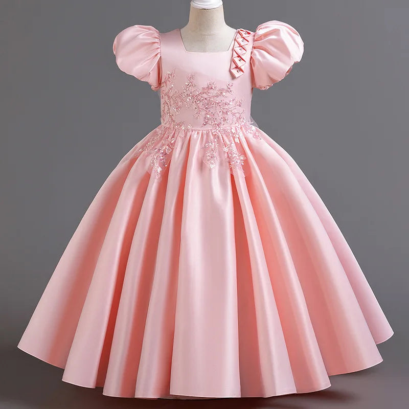 جديد بنات' فستان with bubble أكمام and satin fabric، طويل أميرة فستان، and performance costume for big children