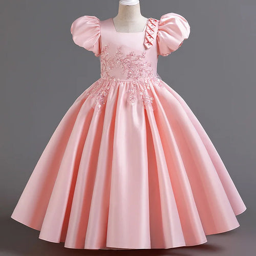 جديد بنات' فستان with bubble أكمام and satin fabric، طويل أميرة فستان، and performance costume for big children
