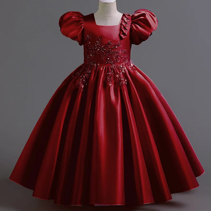 جديد بنات' فستان with bubble أكمام and satin fabric، طويل أميرة فستان، and performance costume for big children