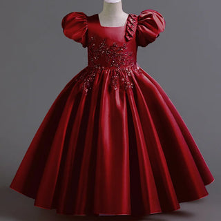 جديد بنات' فستان with bubble أكمام and satin fabric، طويل أميرة فستان، and performance costume for big children