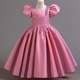 جديد بنات' فستان with bubble أكمام and satin fabric، طويل أميرة فستان، and performance costume for big children