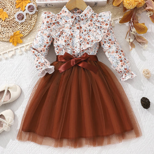 جديد بنات' أكمام طويلة lapel flower printed فستان woven belt children's صيف odm knitted fabric فستان button decoration