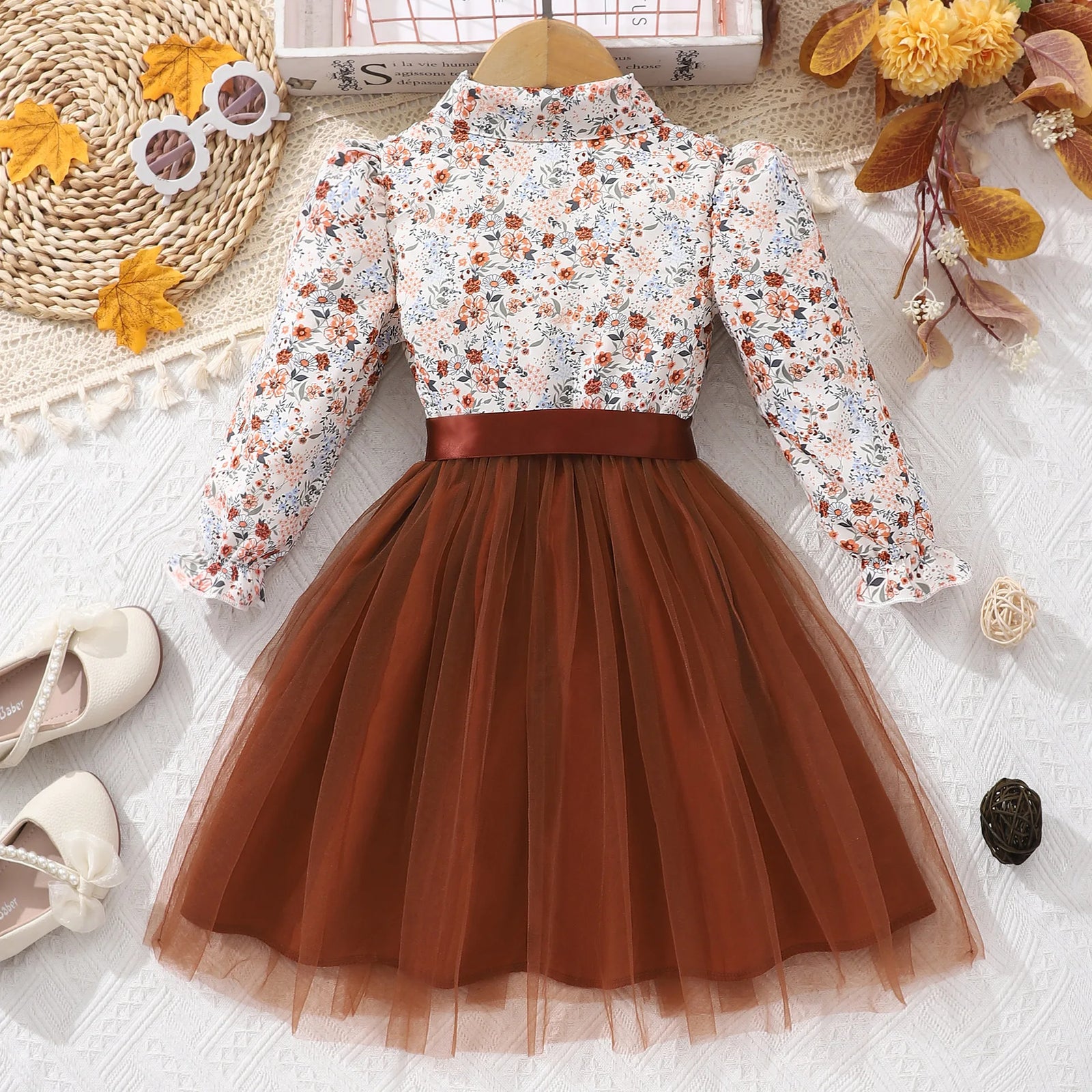 جديد بنات' أكمام طويلة lapel flower printed فستان woven belt children's صيف odm knitted fabric فستان button decoration