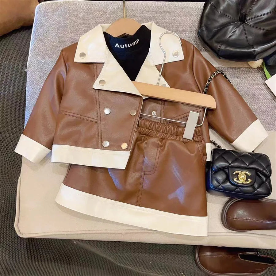 جديد بنات' طقم for ربيع وخريف season، موضة 2025 fashion leather jacket، half جيب، children's clothing طقم قطعتين