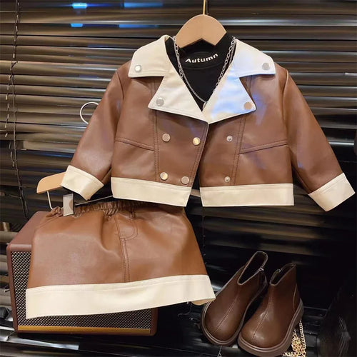 جديد بنات' طقم for ربيع وخريف season، موضة 2025 fashion leather jacket، half جيب، children's clothing طقم قطعتين