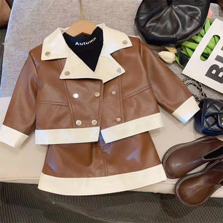 جديد بنات' طقم for ربيع وخريف season، موضة 2025 fashion leather jacket، half جيب، children's clothing طقم قطعتين
