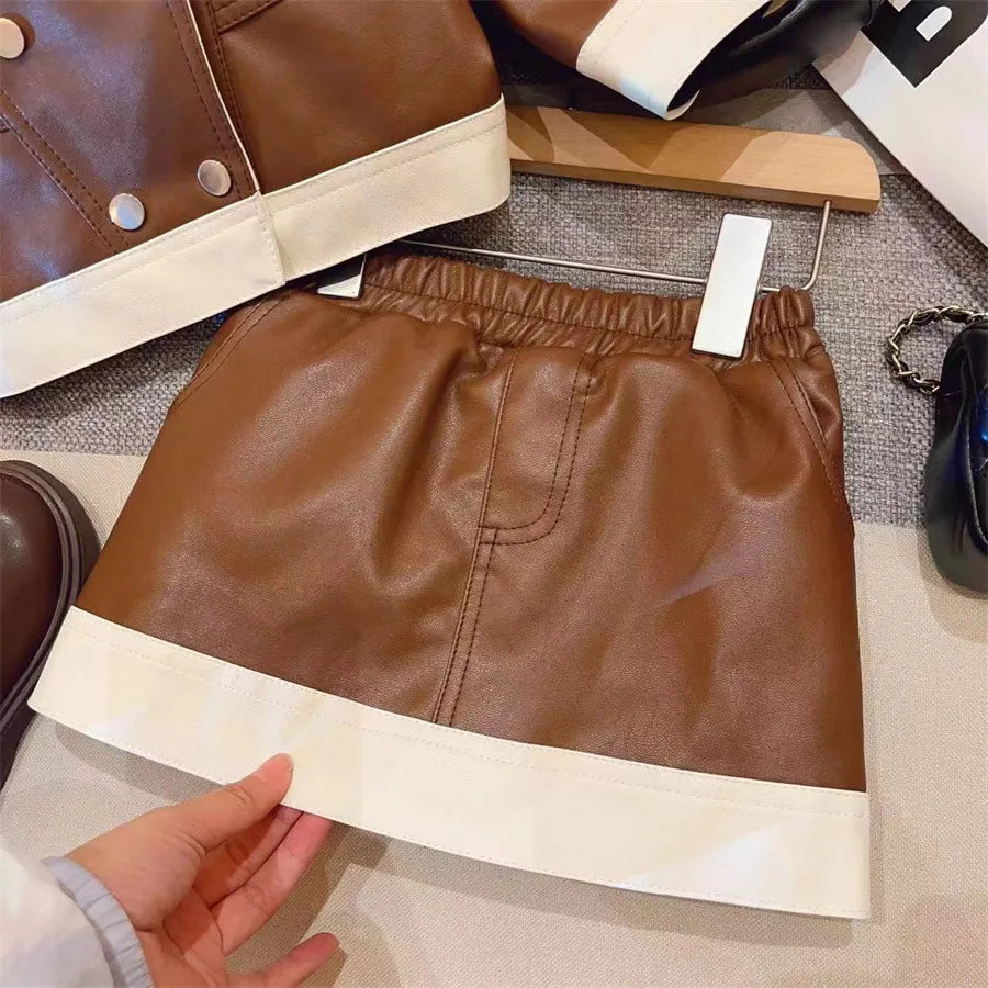 جديد بنات' طقم for ربيع وخريف season، موضة 2025 fashion leather jacket، half جيب، children's clothing طقم قطعتين