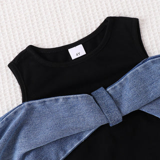 جديد بنات طقم قطعتين cotton توب and pants micro horn دينم with tooling stitching two-piece design