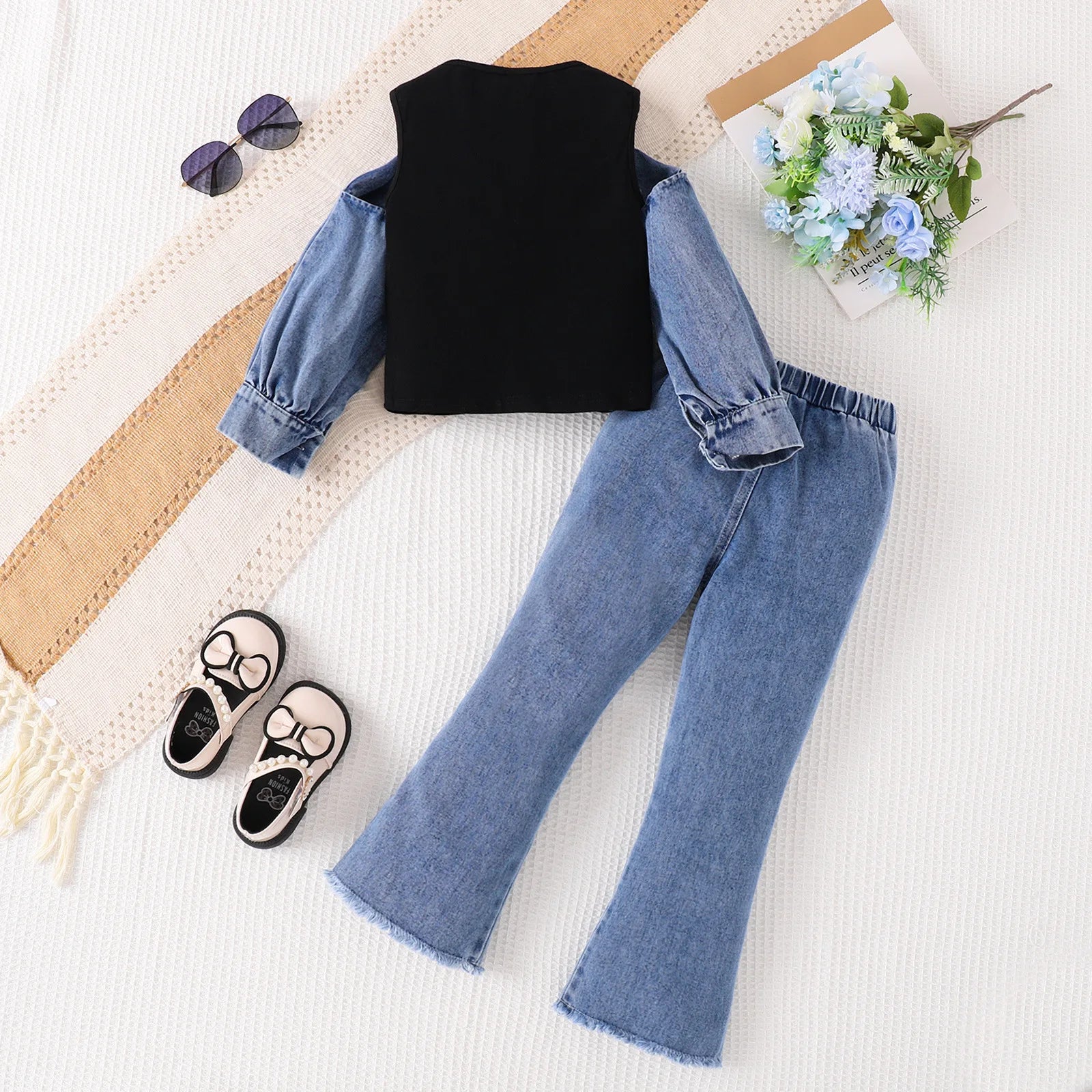 جديد بنات طقم قطعتين cotton توب and pants micro horn دينم with tooling stitching two-piece design
