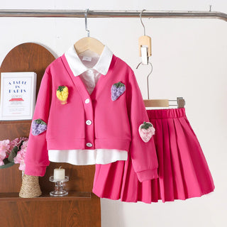 جديد بنات' شتاء بدلة solid color inner shirt knitted jacket بليسيه قصير جيب three piece طقم
