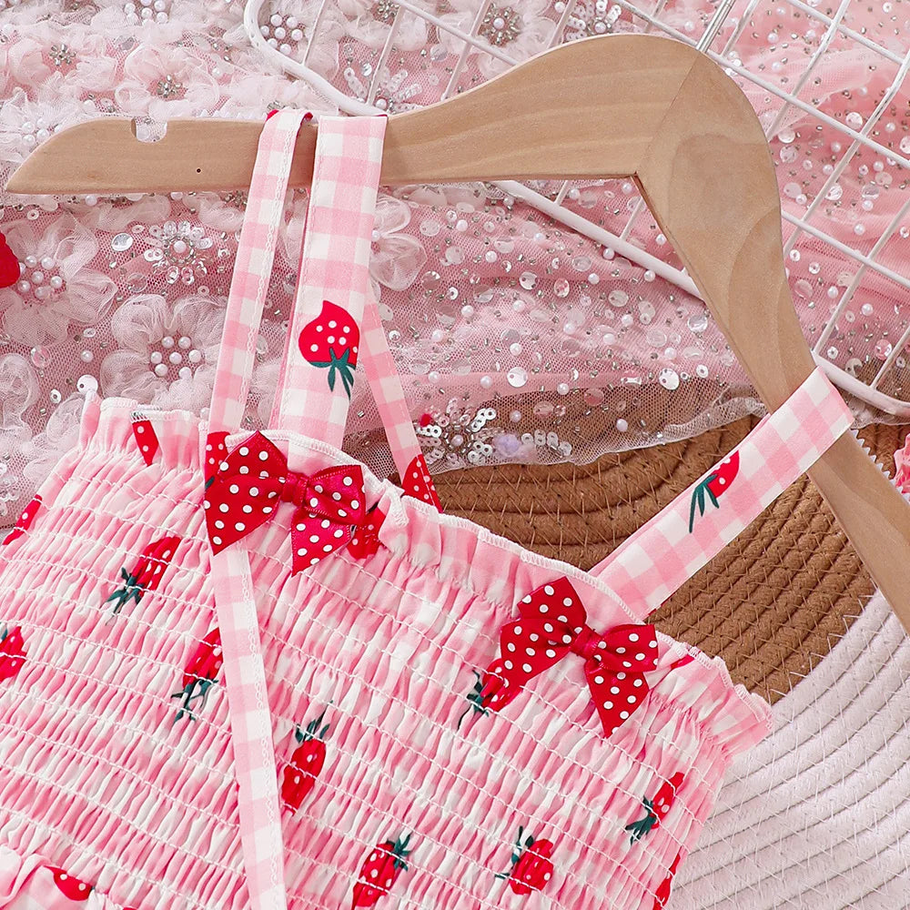 جديد products for small and medium-sized children، بنات' ربيع and صيف suspender strawberry printed فستان