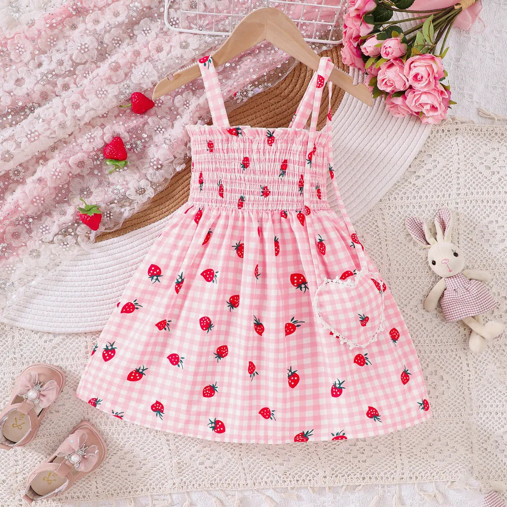 جديد products for small and medium-sized children، بنات' ربيع and صيف suspender strawberry printed فستان
