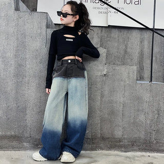 جديد ربيع بنات' طقم cool gradient دينم wide leg pants logo أكمام طويلة t-shirt formal ستايل for ages 6-7 years good quality