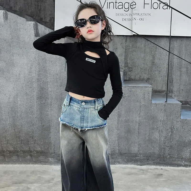 جديد ربيع بنات' طقم cool gradient دينم wide leg pants logo أكمام طويلة t-shirt formal ستايل for ages 6-7 years good quality